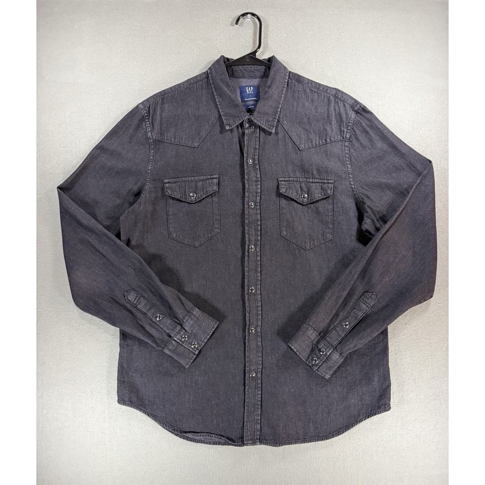 Gap Denim Shirt Mens Large Slim Fit Black Western Pearl Snap Pockets Cowboy